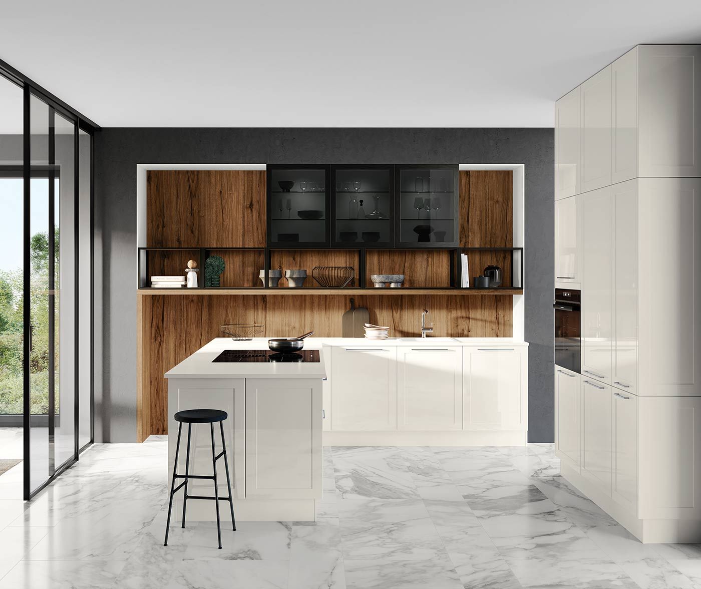 Weißte Küche mit Holzwand Eine Weiße Küche mit Glaswand und einer Holzwand