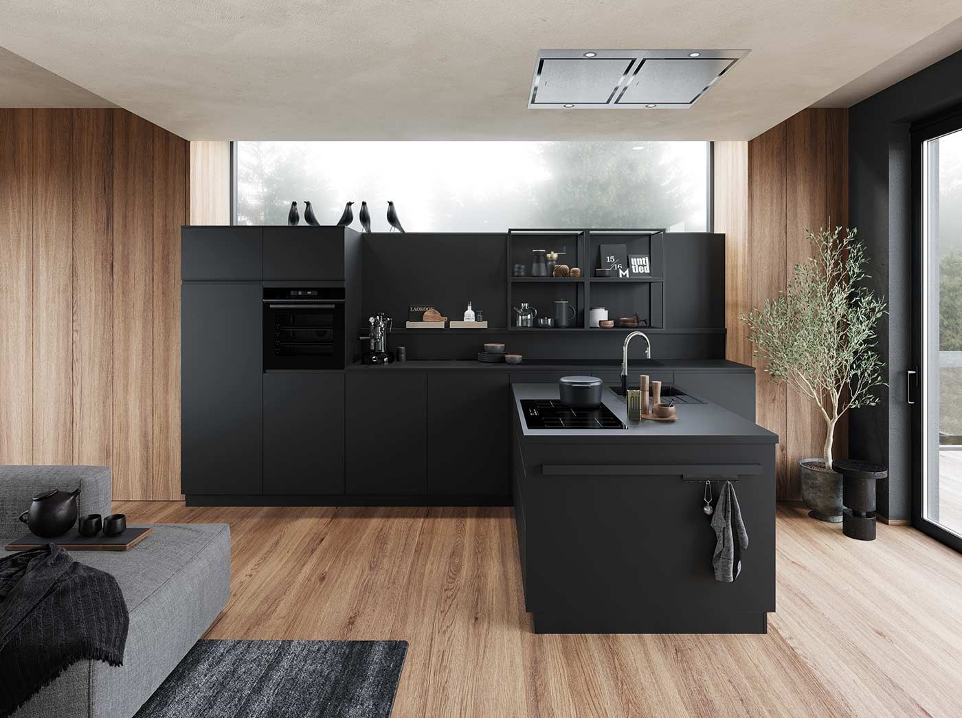 Schwarze Küche mit dekorativen Vögeln Eine Schwarze Küche in hellem Raum mit bodentiefen Fenster und dekorativen Vögeln