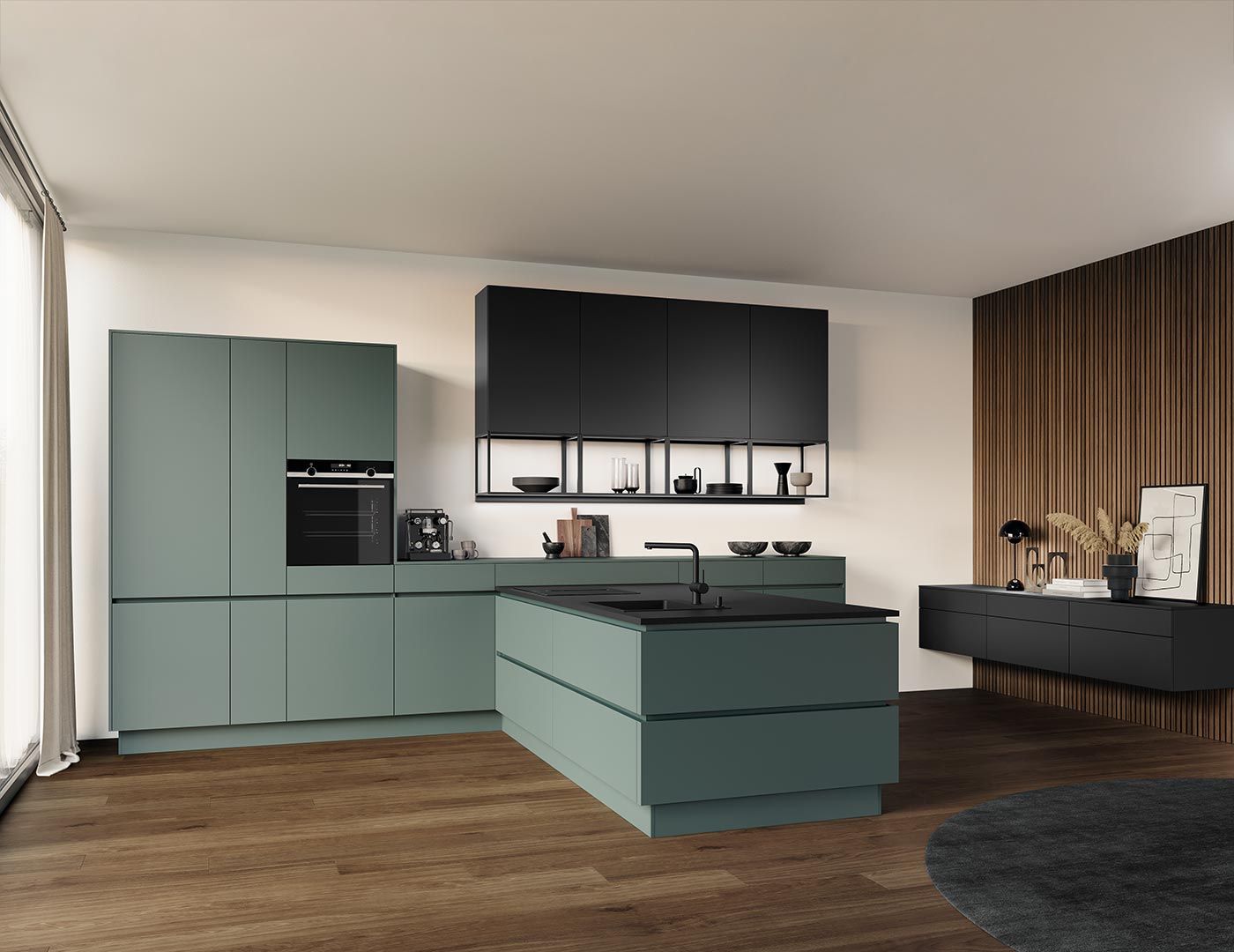 Dunkelgrüne Küche Eine Dunkelgrüne Küche mit Schwarzem Schränken vor einer weißen und einer Holzverkleideten Wand