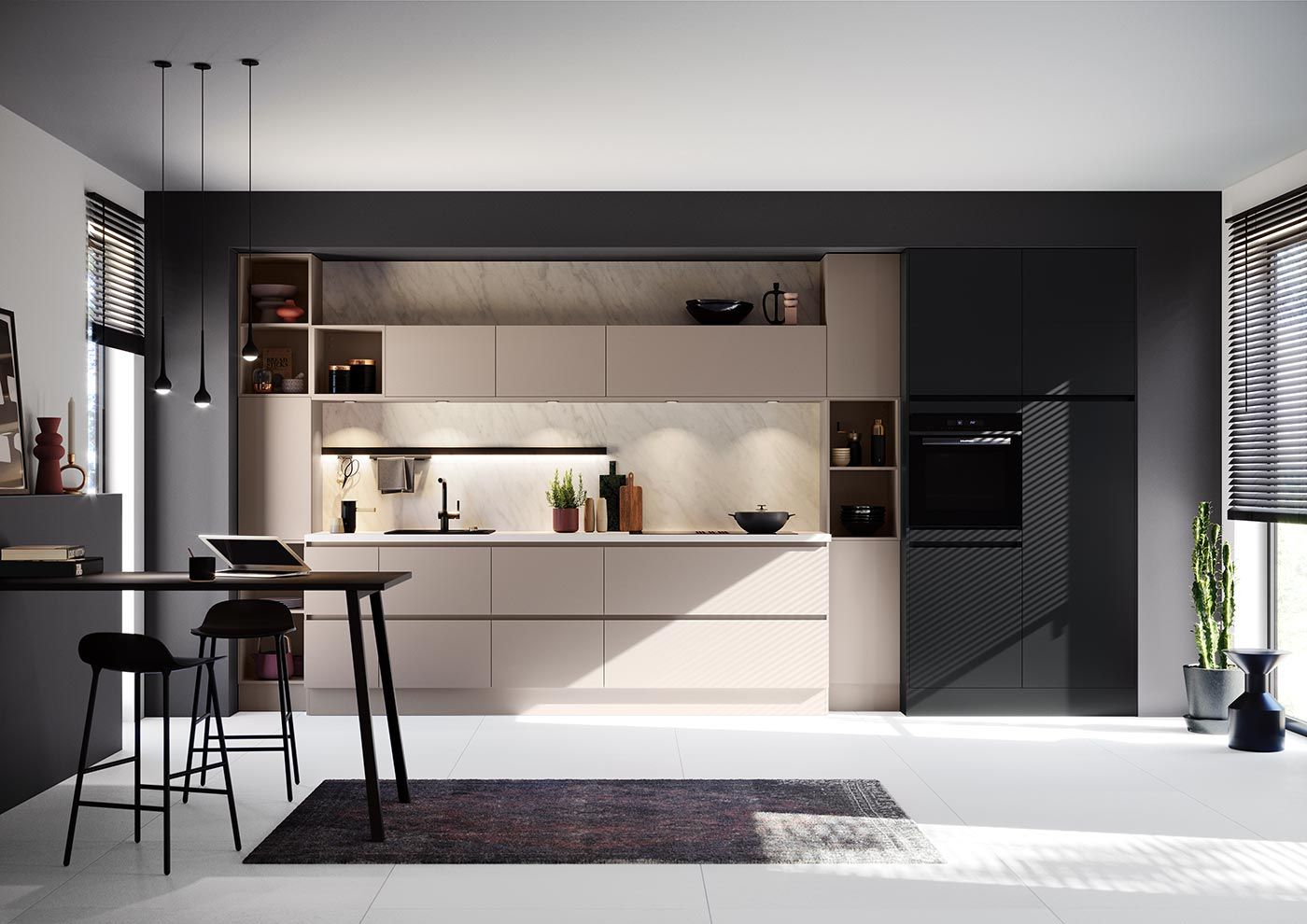 Schwarze Küche mit beigen Schränken Eine gut beleuchtete schwarze Küche die beige Schränke an der Wand umschließt