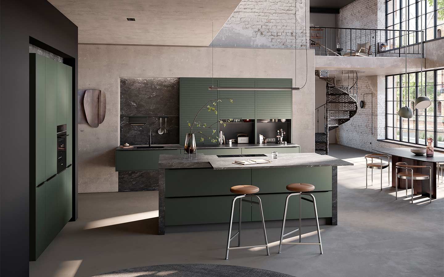 Offenen grüne Küche Eine grüne Küche in einem offenen Wohnbereich mit Wendeltreppe in das offene nächste Stockwerk