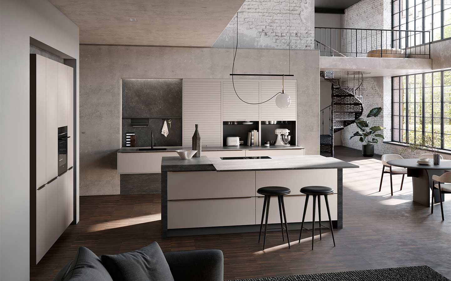 Offene weiße Küche Eine weiße Küche mit dunklen Steinakzenten in einem offenen Wohnbereich mit Wendeltreppe in das offene nächste Stockwerk