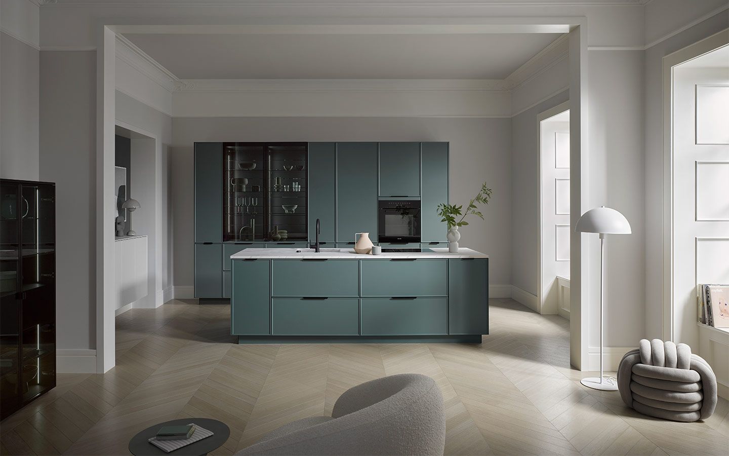 Blaue Küche in offenen Raum Eine Blaue Küche mit Zugang zum Wohnzimmer