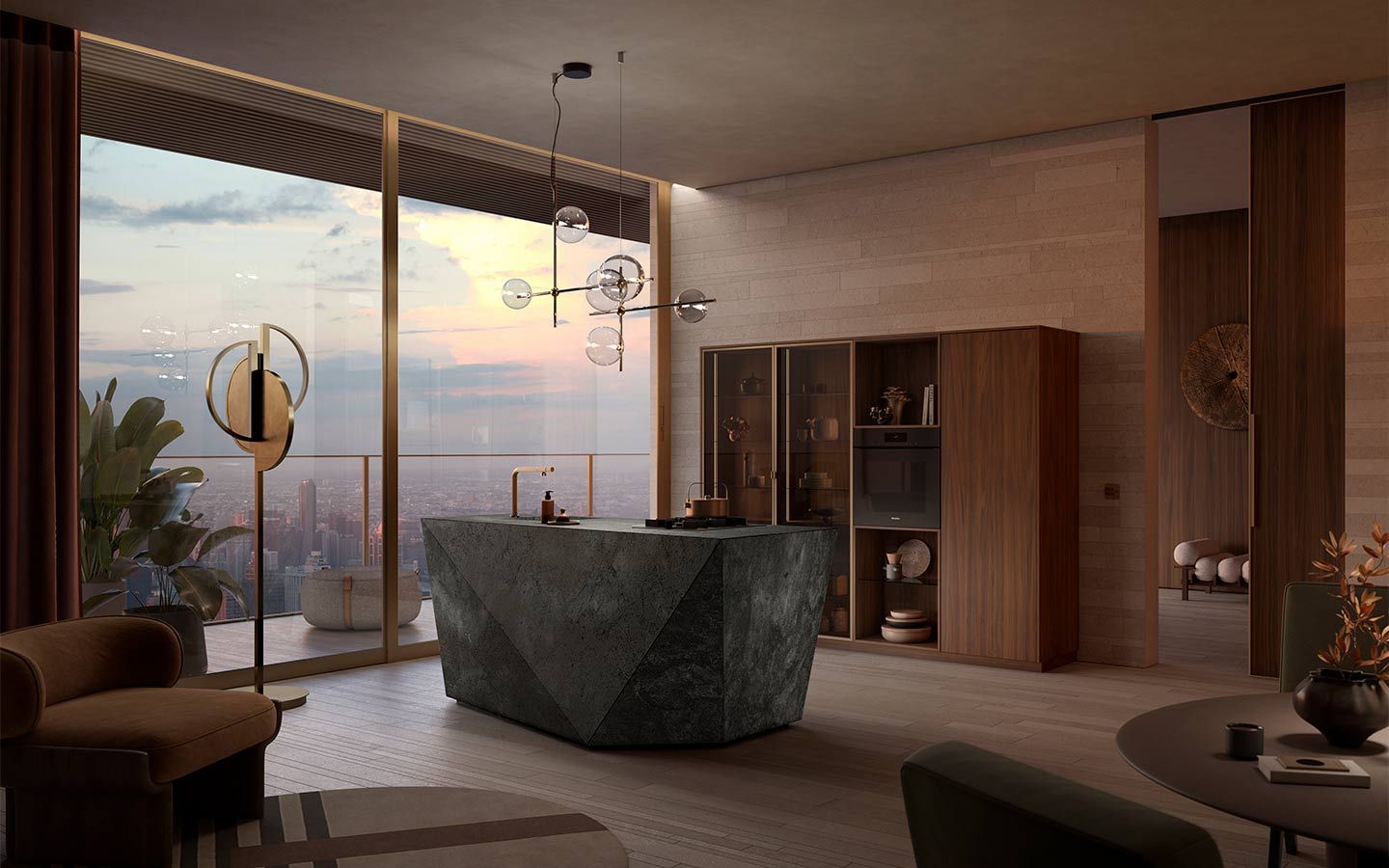 Elegante Designerküche mit Mamorverkleidung Eine mit Kochinsel mit Verkleidung im Marmorlook und Wandschrank aus Holz steht vor einem bodentiefen Fenster