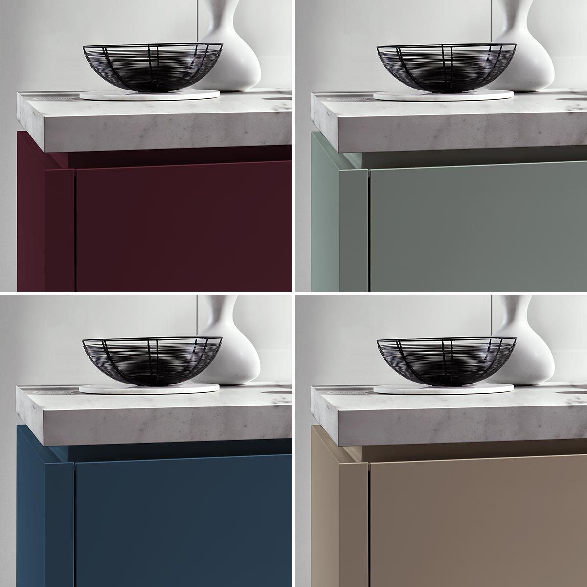 Verschiedenfarbige Küchenschränke mit Schale Vier Bilder mit der gleichen, leeren Obstschale auf verschiedenfarbigen Küchenschränken